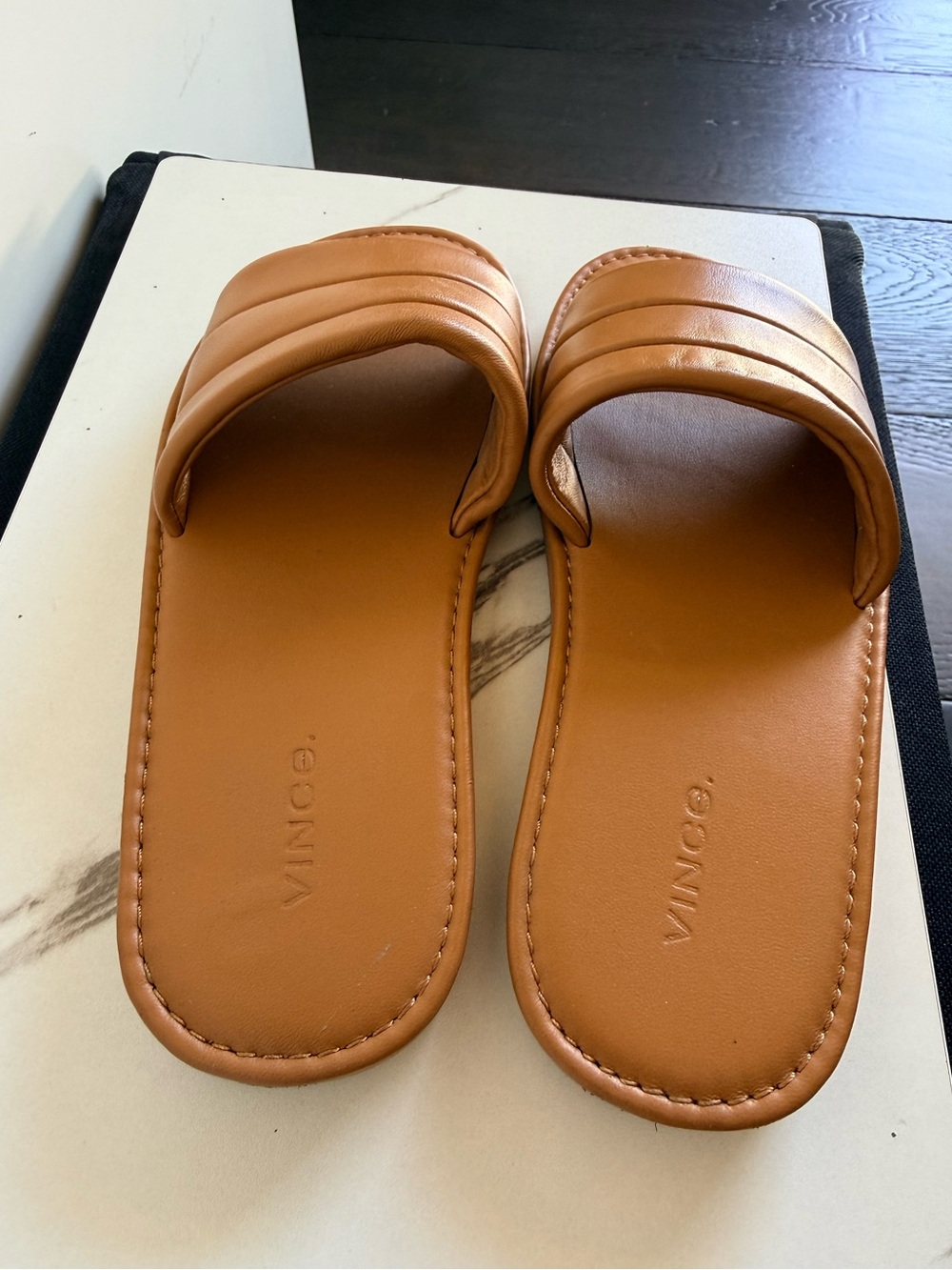 Vince Women Tan Soft Leather Slide Sandals - Picture 3 of 5